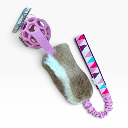 Tug toy with rabbit fur and ball + bungee